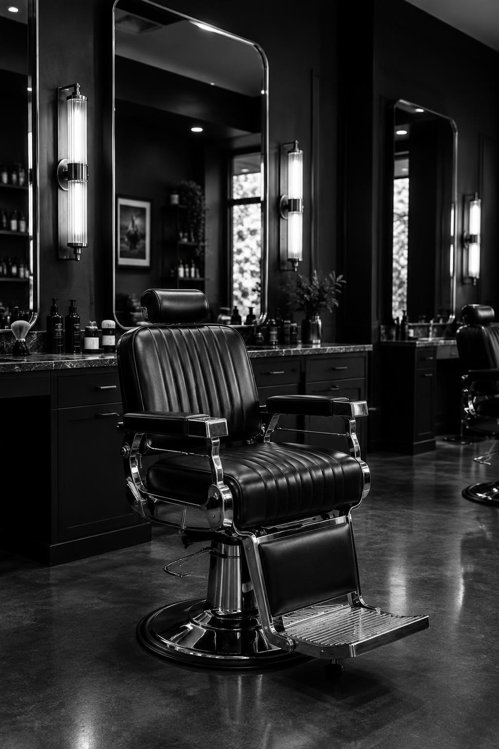 Interior de barbearia com cadeira de couro e espelhos